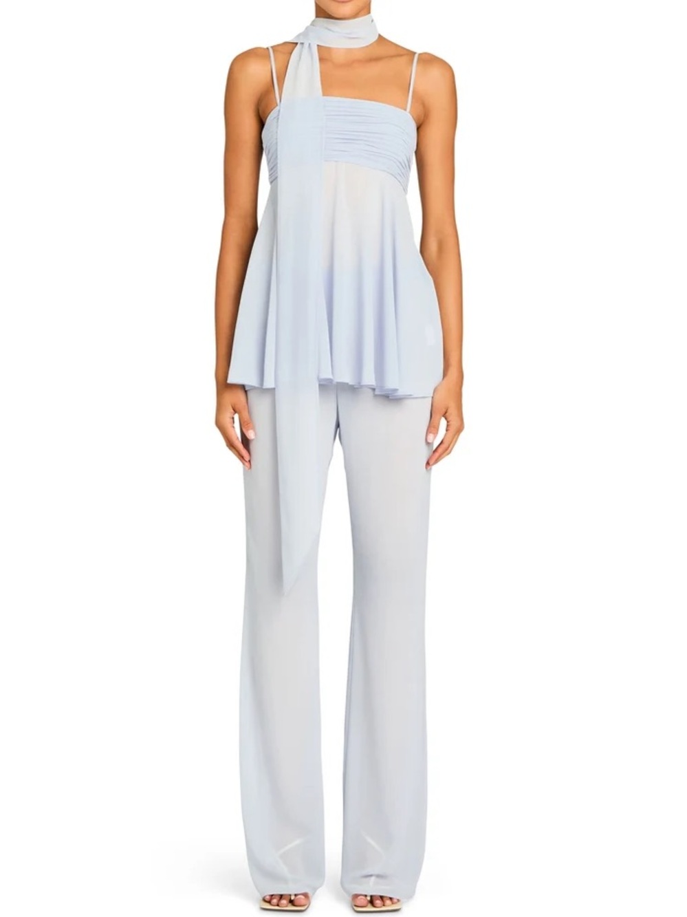 Seroya Ice Blue Sheer Pants and Top Set with Neck Scarf